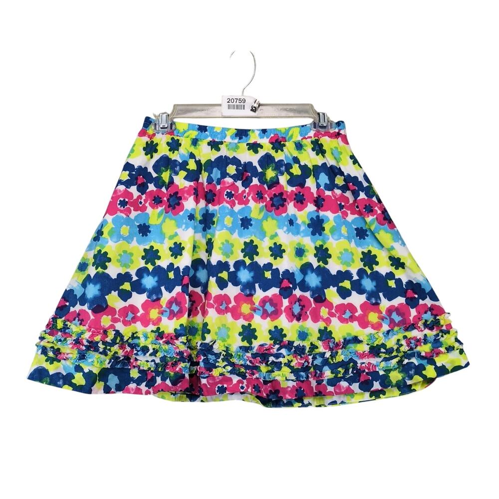 LL Bean Floral Mini Skirt Sz 14 Elastic Waist Ruffle Trim A-Line Cotton Lined‎